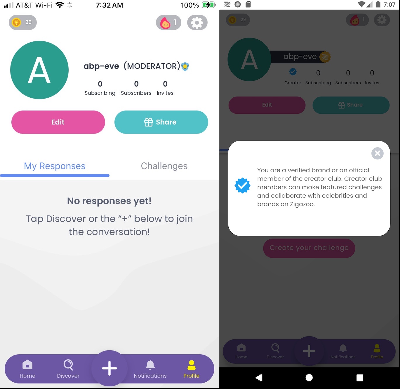 Test user’s profile as a moderator (left) and as a verified brand (right).
