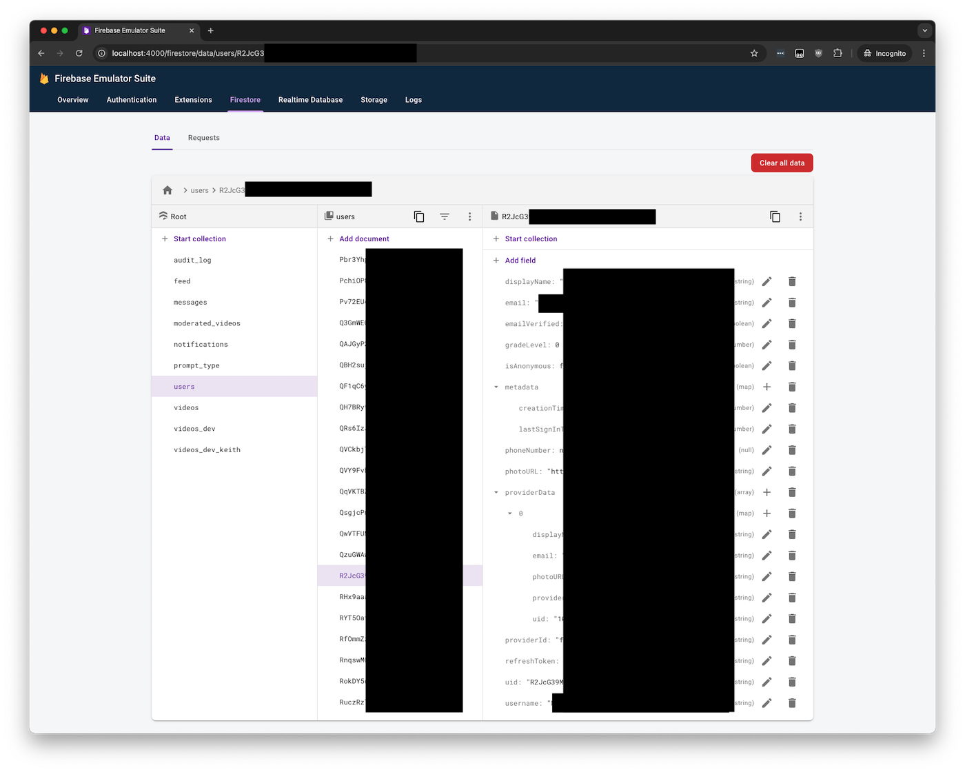 Firestore backup, showing collections and user documents.